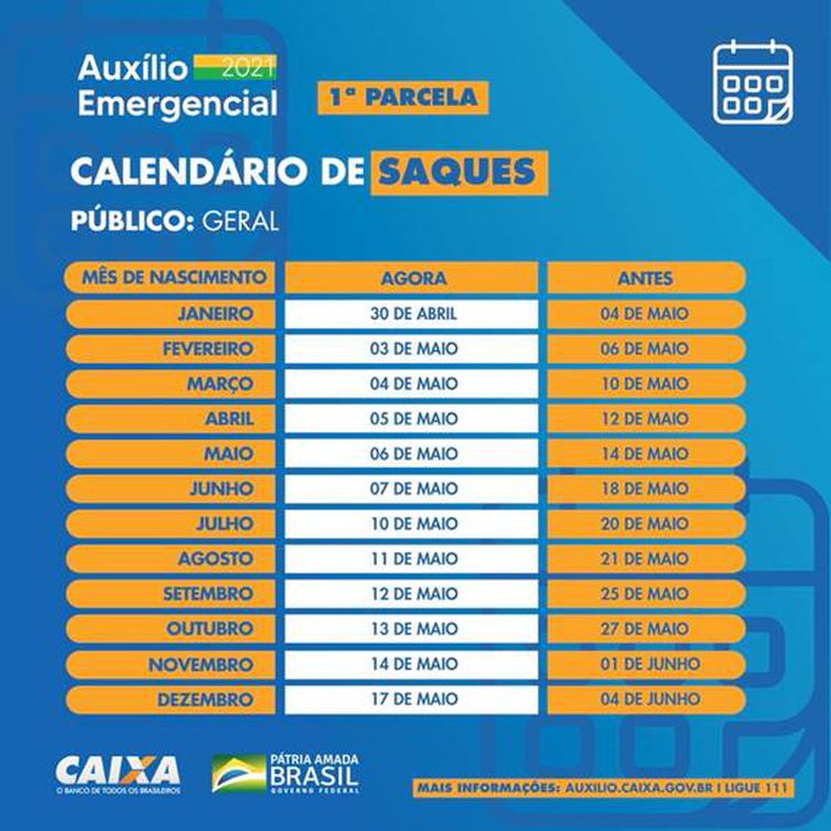 Divulgação/Caixa Econômica Federal Calendário de saques antecipados da primeira parcela do auxílio emergencial.