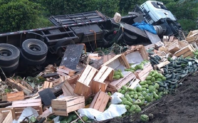 Motorista perde controle, bate em guard rail e caminhão tomba em ribanceira na BR-101